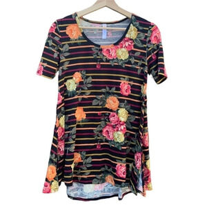 LULAROE women's oversized XXS floral top with stripes, black, orange and red